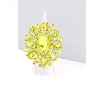 Yellow Oval Cluster Leaf Stretch Statement Rhinestone Crystal Ring Finger